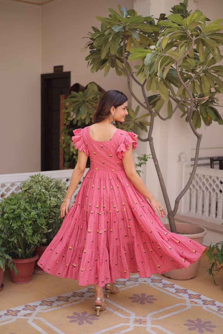 Pink Cotton Embroidered Anarkali Kurti