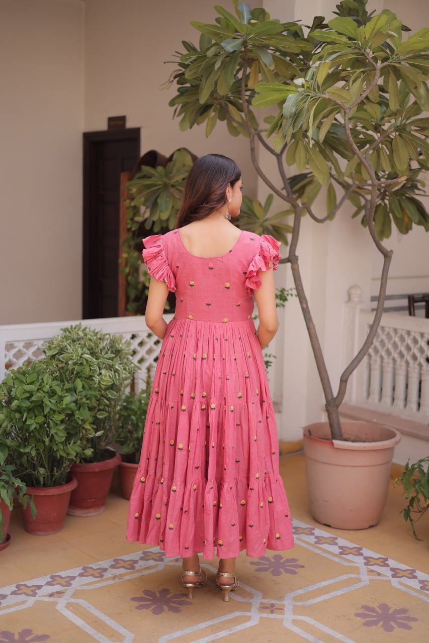 Pink Cotton Embroidered Anarkali Kurti