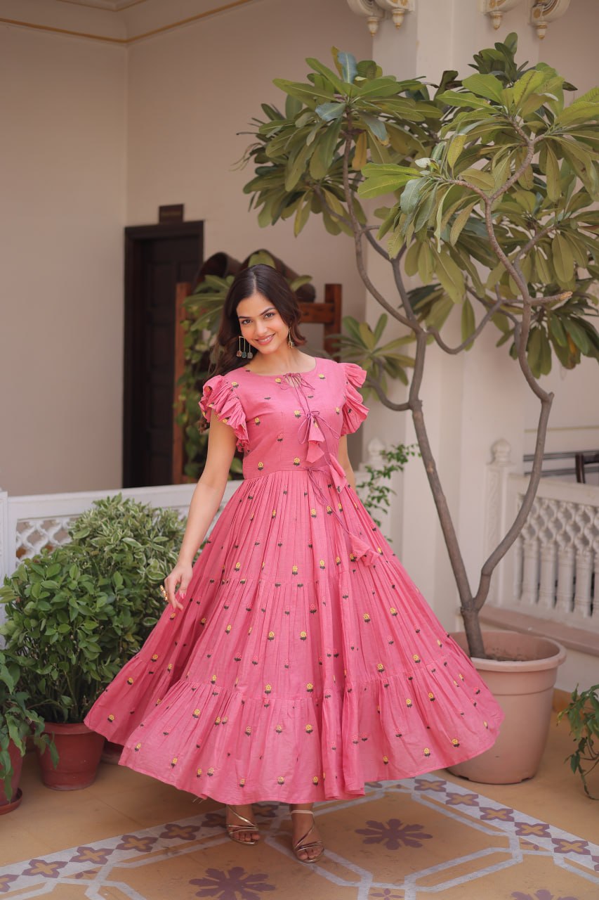 Pink Cotton Embroidered Anarkali Kurti