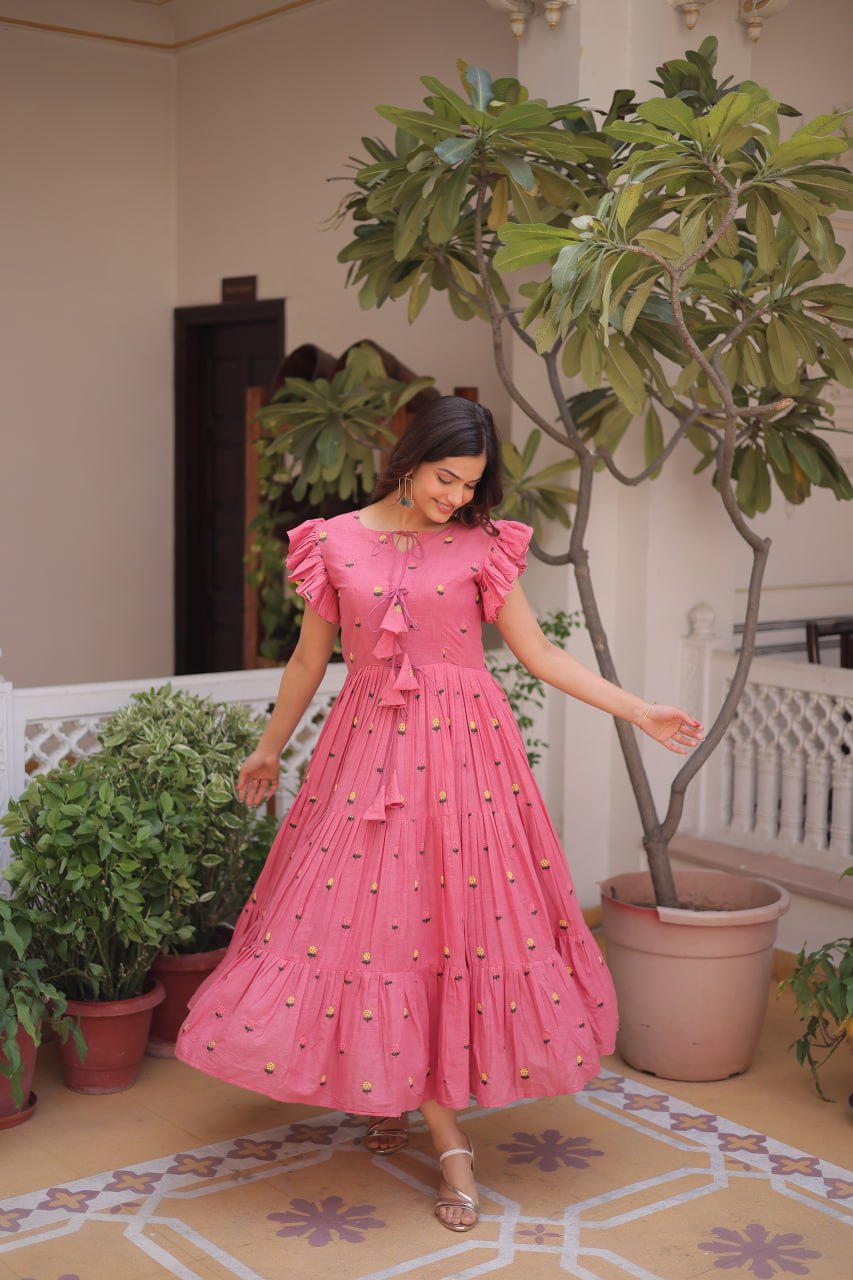 Pink Cotton Embroidered Anarkali Kurti