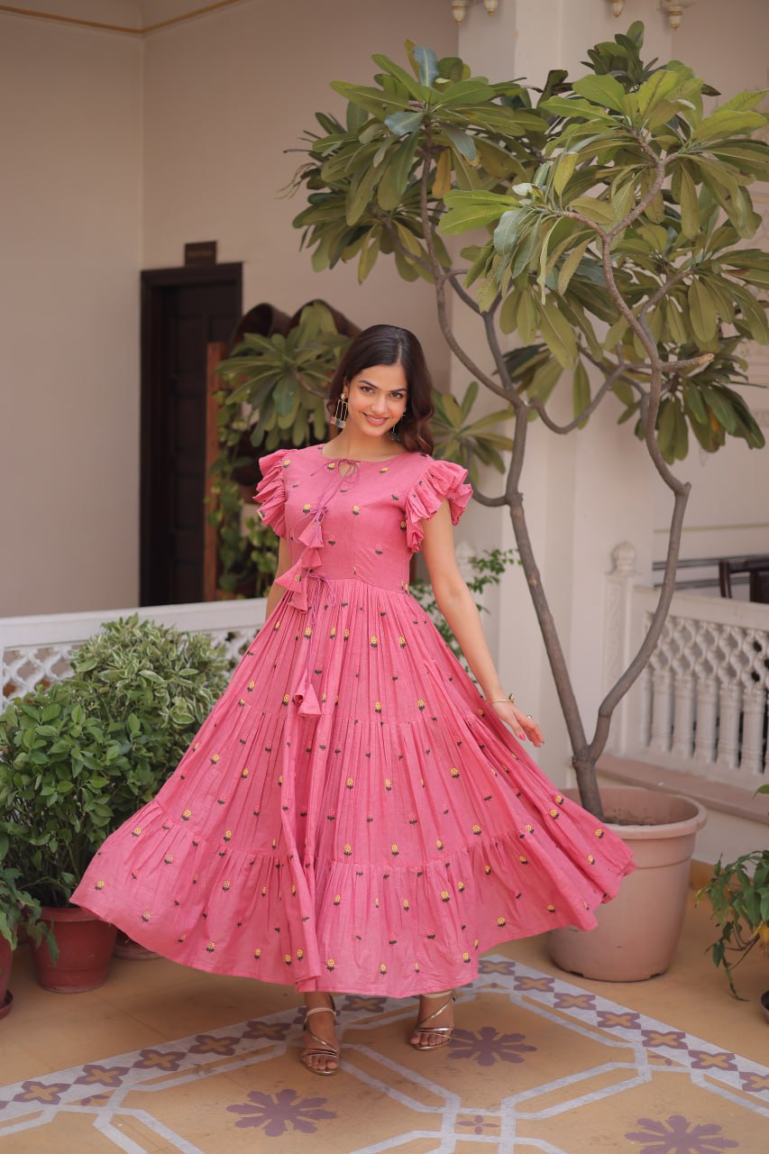 Pink Cotton Embroidered Anarkali Kurti