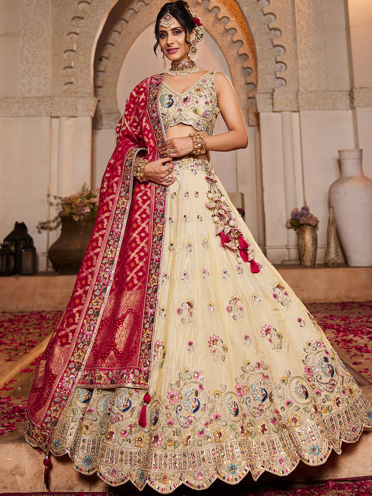 Pink Cream colour Tissue Sequinse embroidery Semi-Stitched Lehenga choli & Dupatta