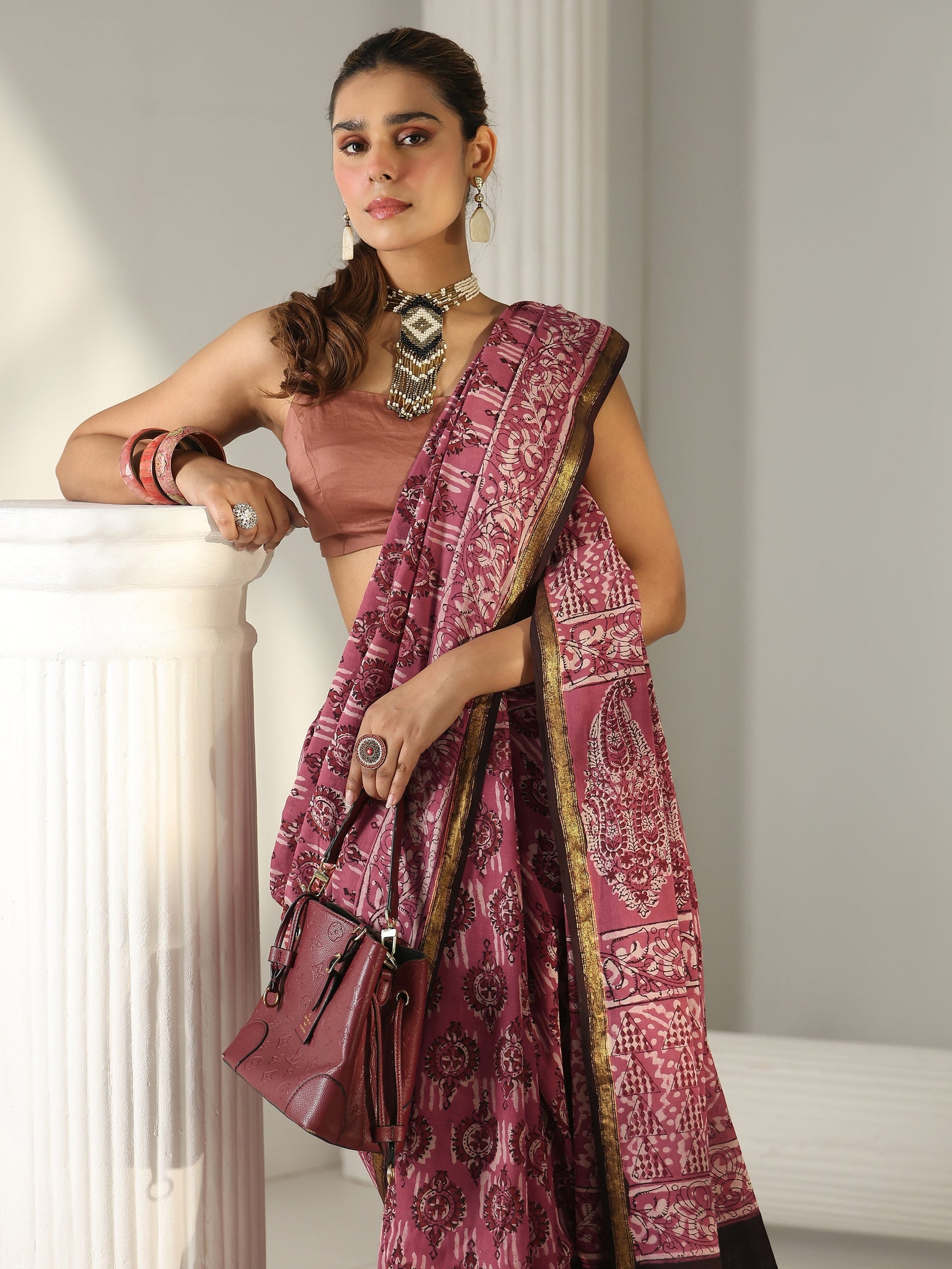 Libas Pink Dabu Print Cotton Saree