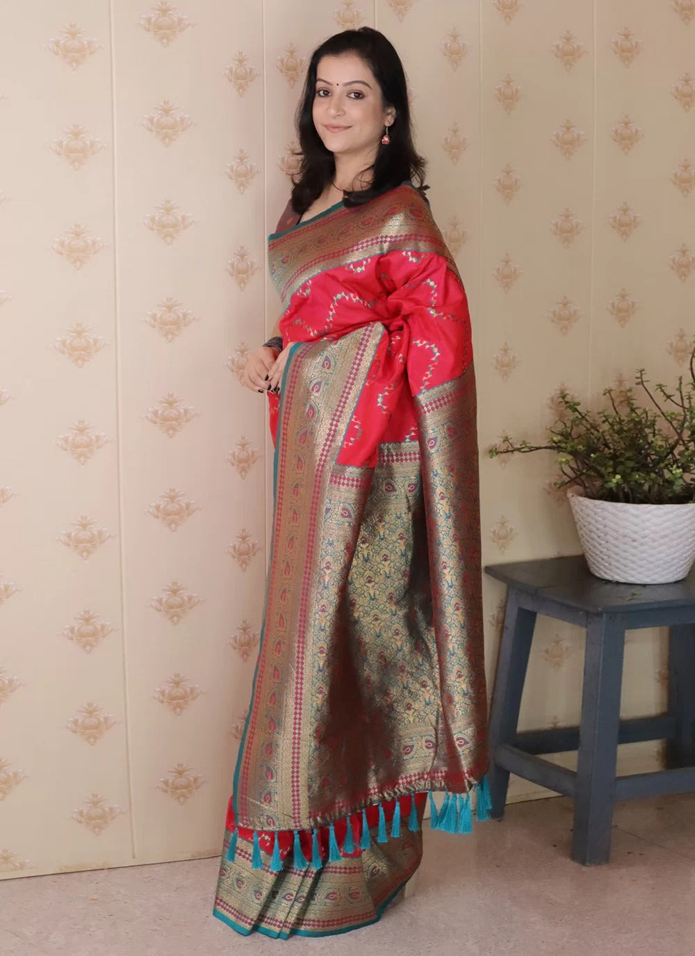 Designer pink banarasi soft silk saree with gold zari weaving