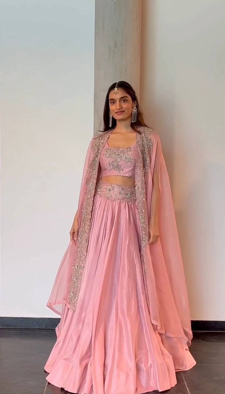 Pink Designer Chinon Semi-Stitched Lehenga Set with Elegant Tabby Organza Shrug