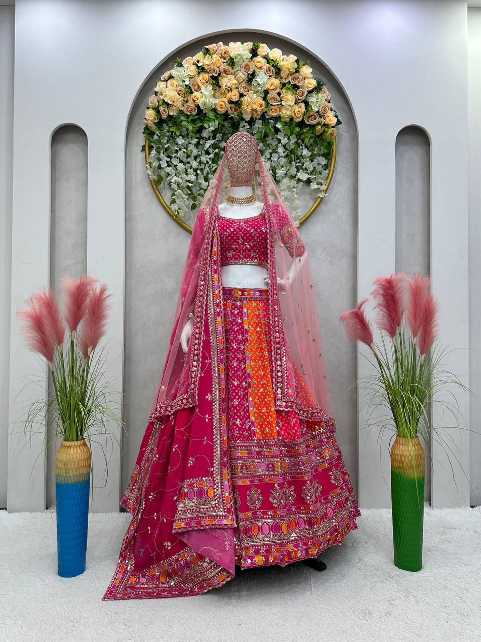 Pink Designer Digital Print Faux Georgette Lehenga Set with Sequence Embroidery & Dual Dupatta