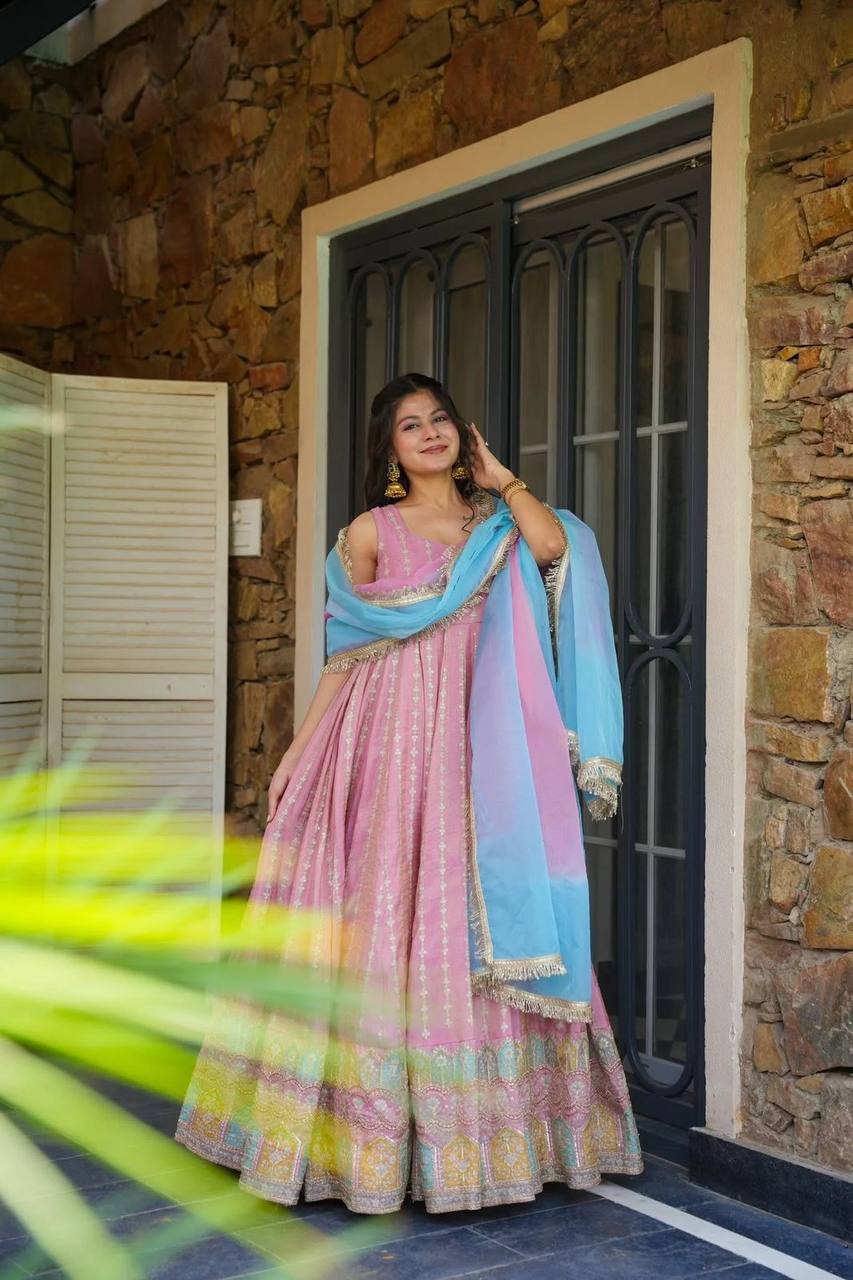 Pink Designer Digital Printed Organza Anarkali Gown with Dupatta