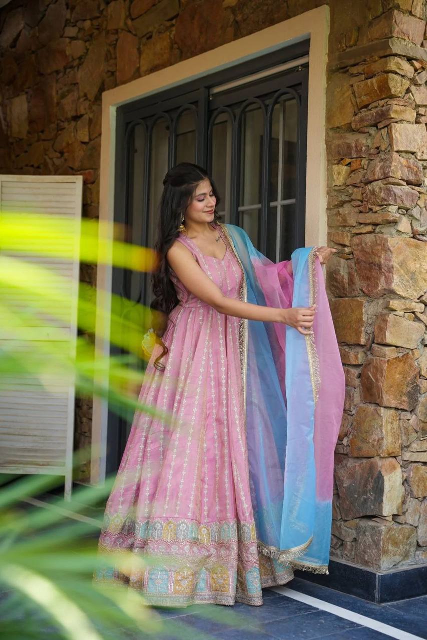 Pink Designer Digital Printed Organza Anarkali Gown with Dupatta