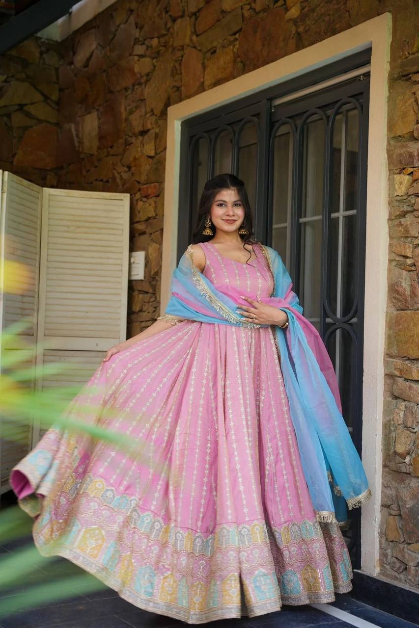 Pink Designer Digital Printed Organza Anarkali Gown with Dupatta