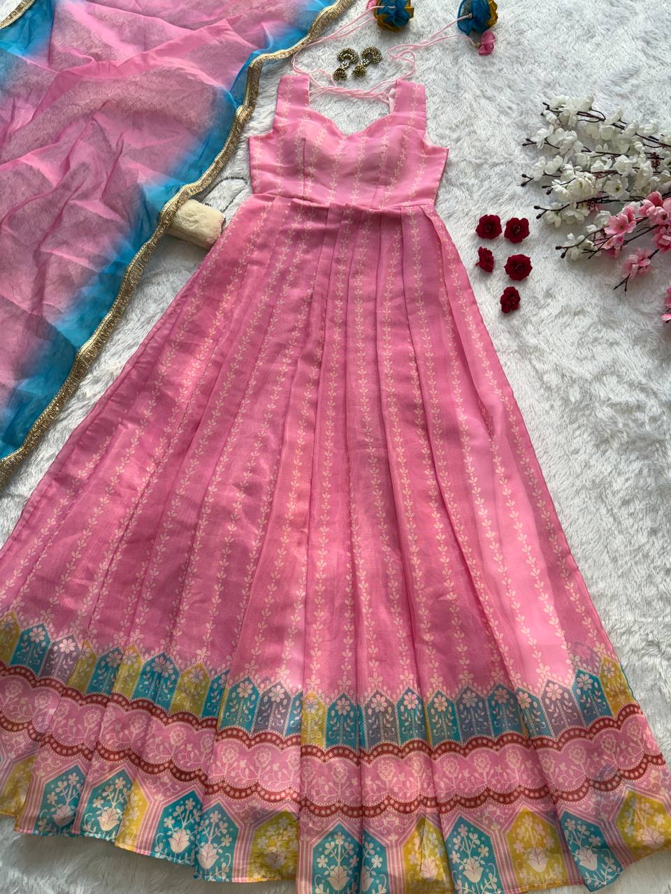 Pink Designer Digital Printed Organza Anarkali Gown with Dupatta