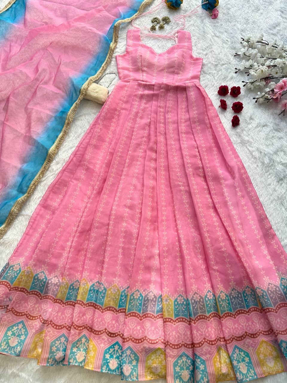 Pink Designer Digital Printed Organza Anarkali Gown with Dupatta