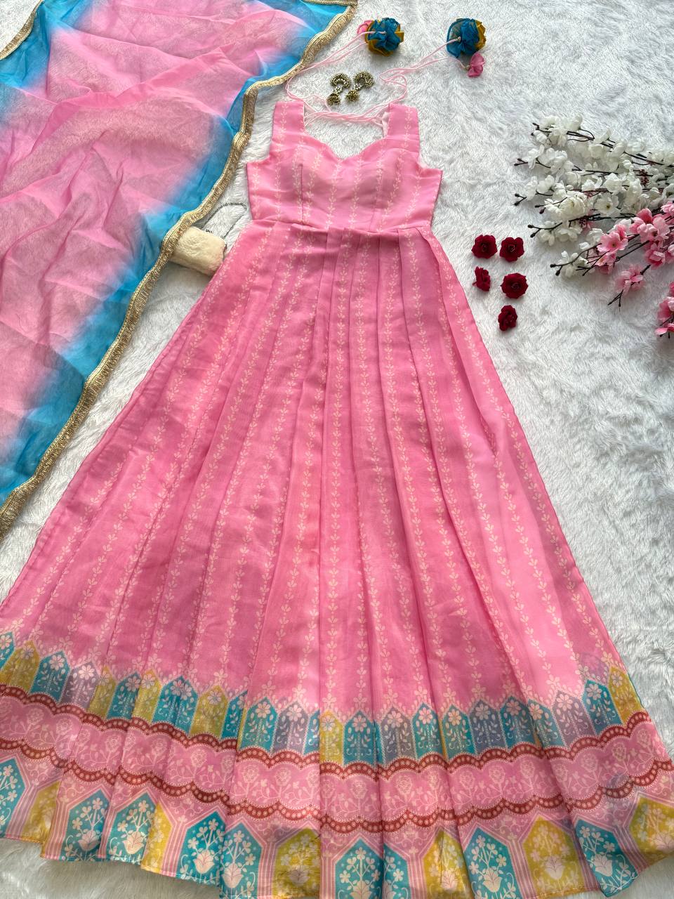 Pink Designer Digital Printed Organza Anarkali Gown with Dupatta