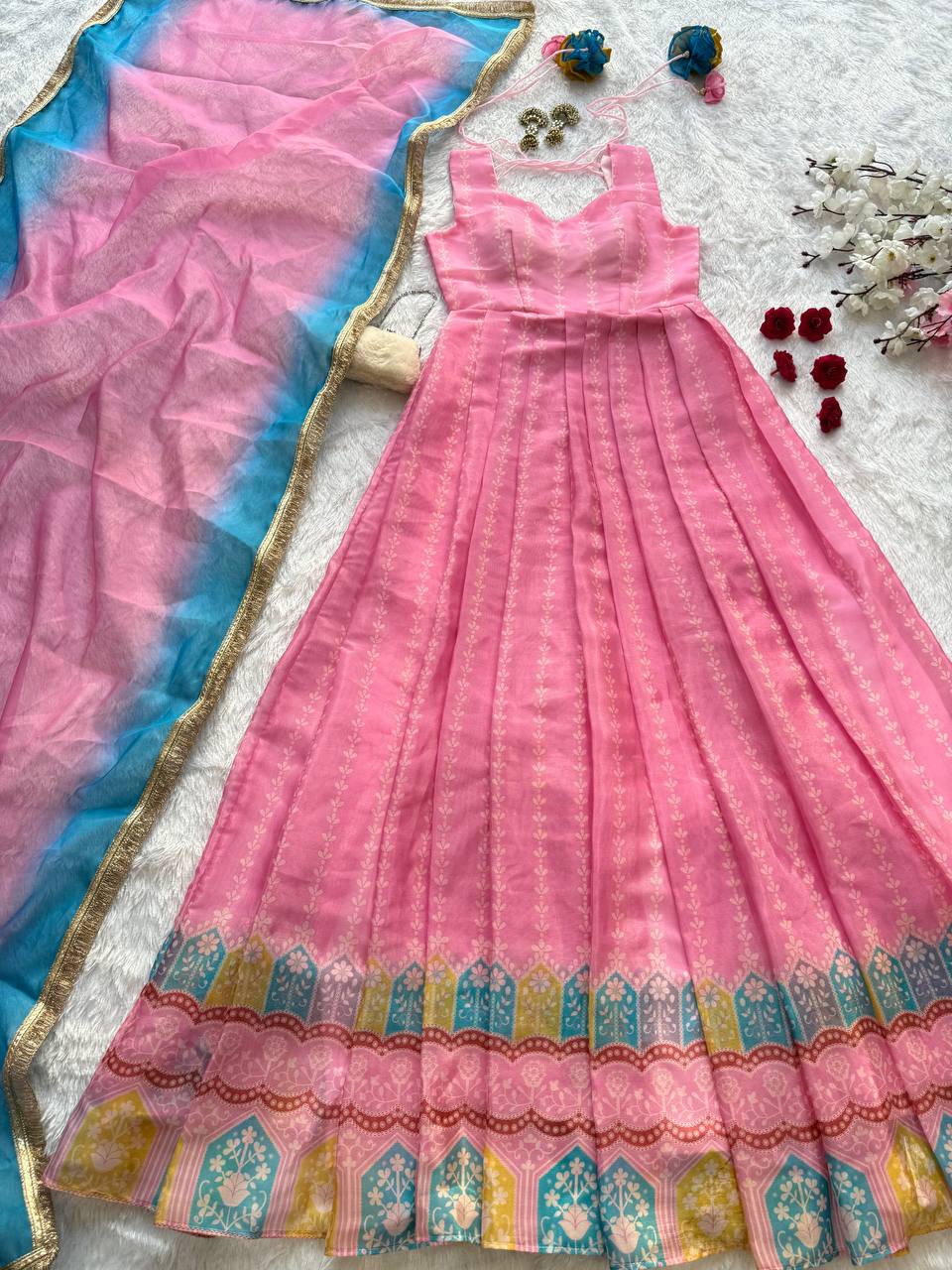 Pink Designer Digital Printed Organza Anarkali Gown with Dupatta