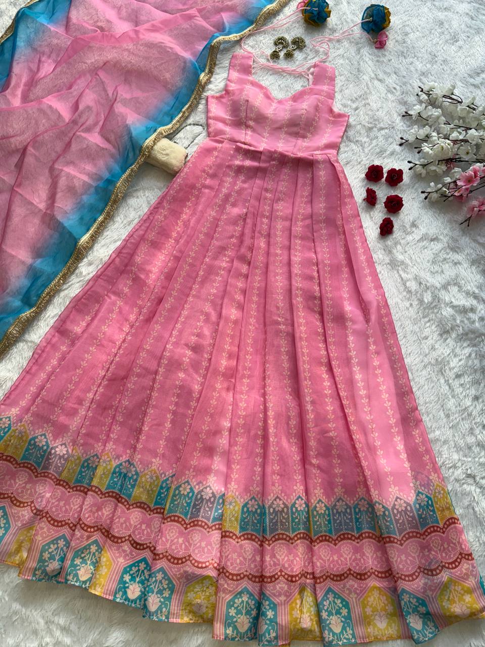 Pink Designer Digital Printed Organza Anarkali Gown with Dupatta