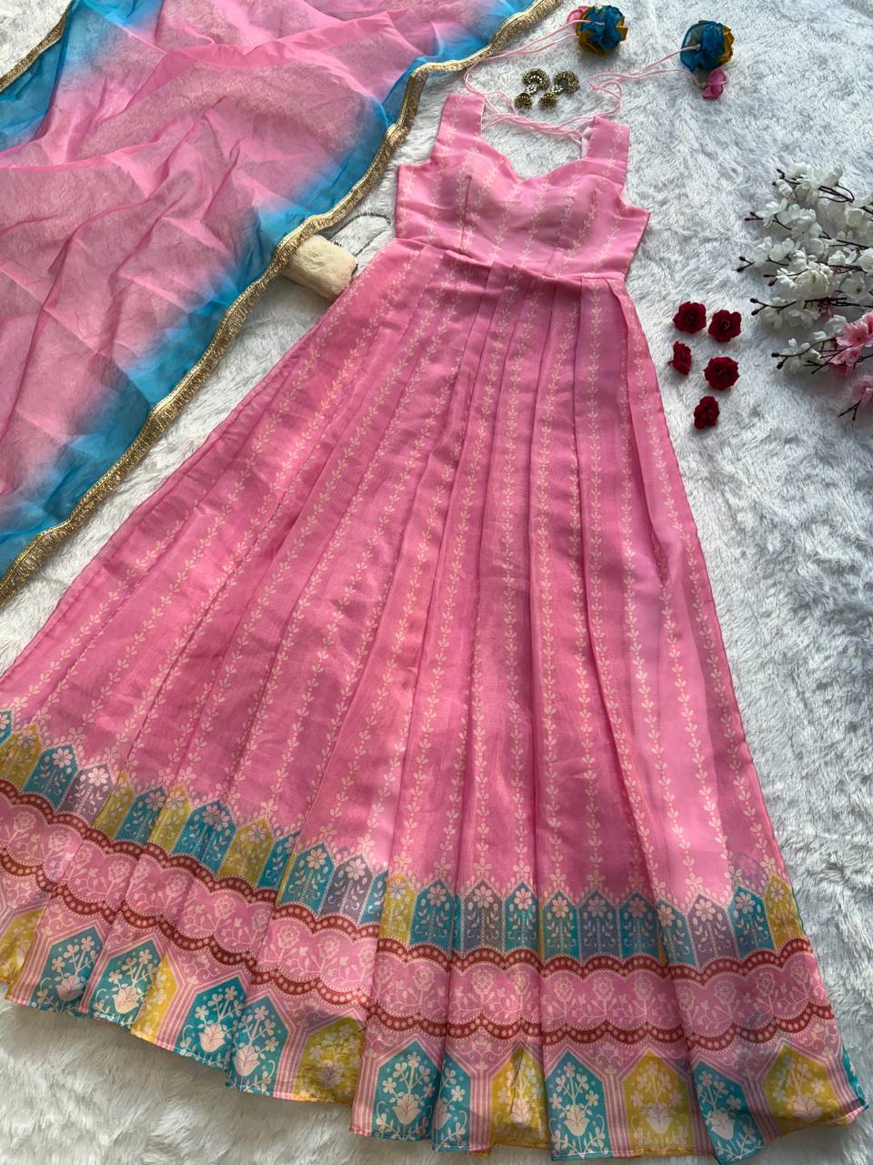 Pink Designer Digital Printed Organza Anarkali Gown with Dupatta