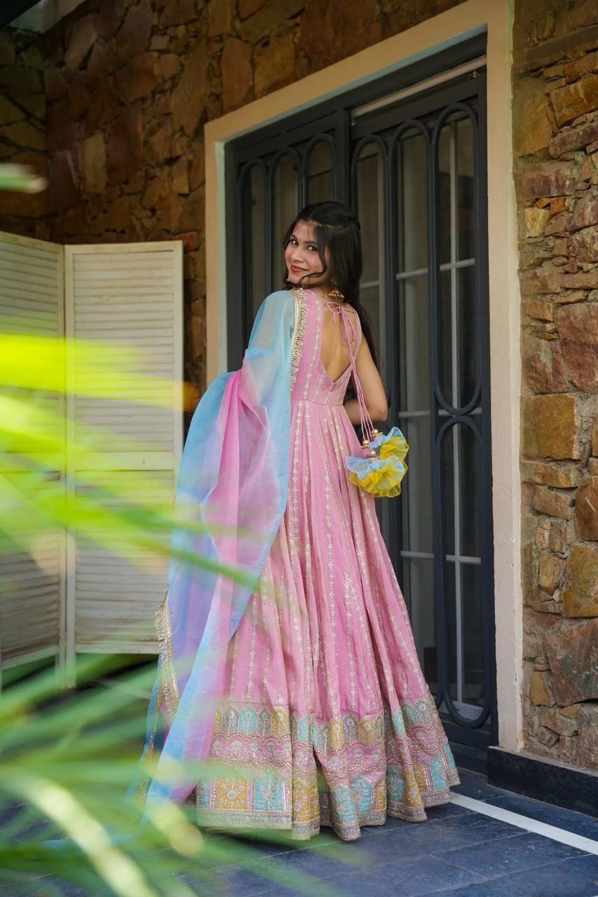 Pink Designer Digital Printed Organza Anarkali Gown with Dupatta