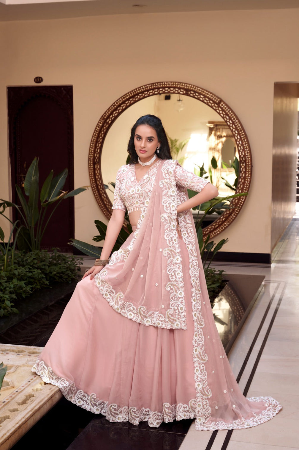Pink Designer Embellished Lehenga Set in Vichitra Silk, Weone Silk, Star Georgette & New Crush