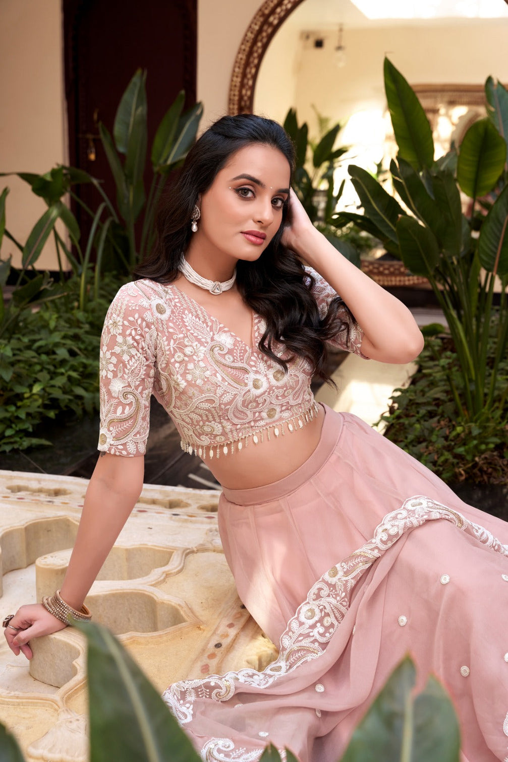 Pink Designer Embellished Lehenga Set in Vichitra Silk, Weone Silk, Star Georgette & New Crush