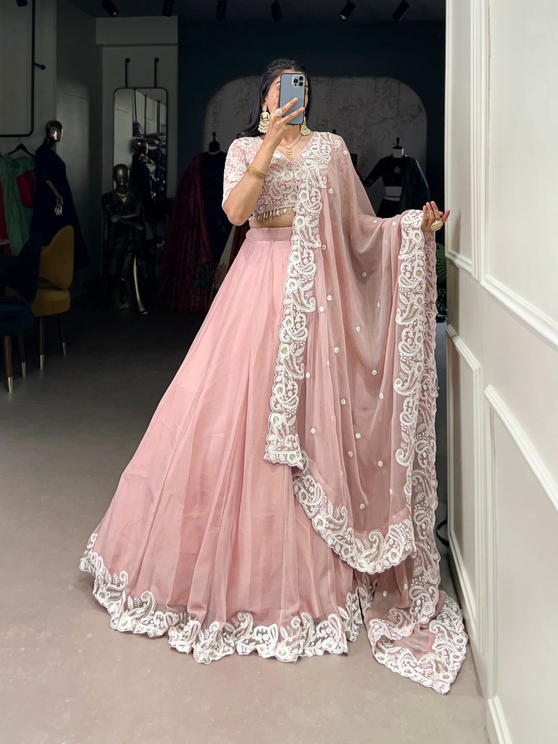 Pink Designer Embellished Lehenga Set in Vichitra Silk, Weone Silk, Star Georgette & New Crush