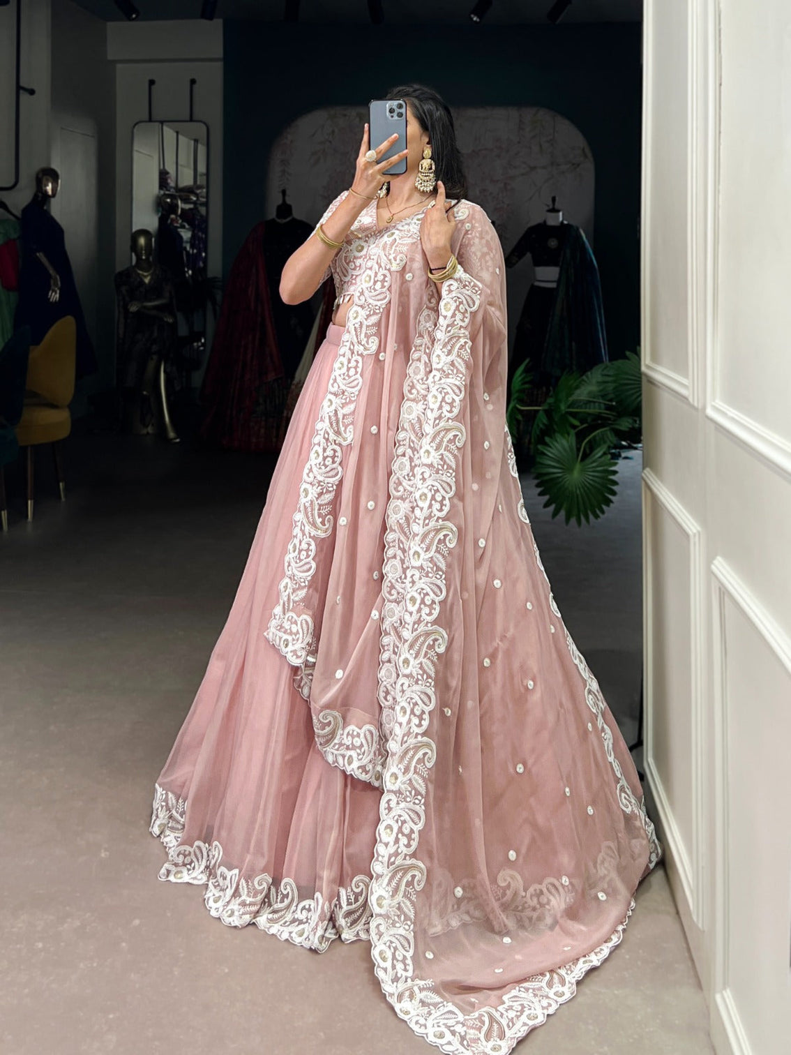 Pink Designer Embellished Lehenga Set in Vichitra Silk, Weone Silk, Star Georgette & New Crush