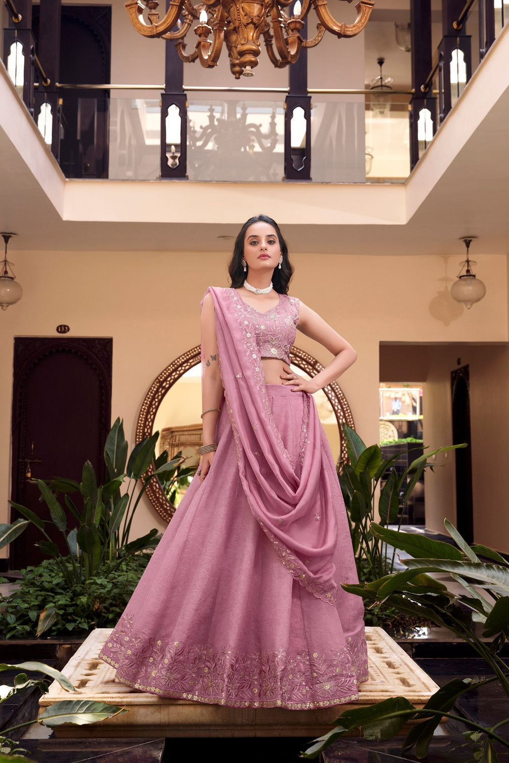 Pink Designer Embellished Lehenga Set in Vichitra Silk, Weone Silk, Star Georgette & New Crush