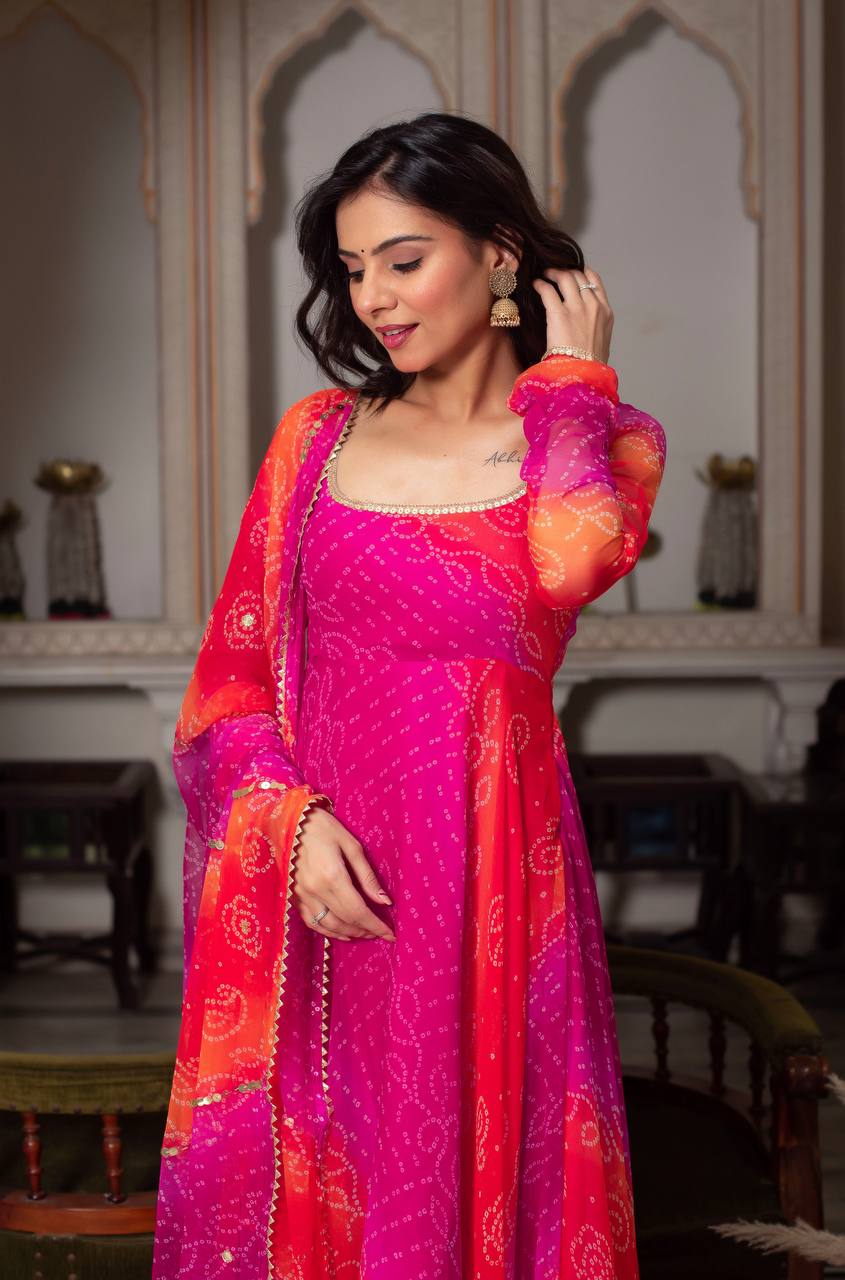 Pink Designer Faux Georgette Digital Print Anarkali Set with Dupatta