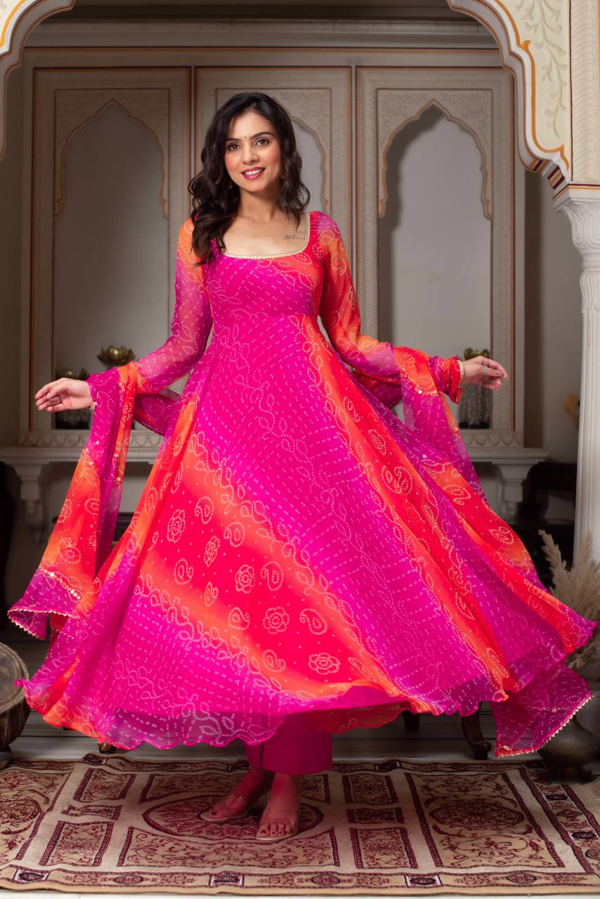 Pink Designer Faux Georgette Digital Print Anarkali Set with Dupatta