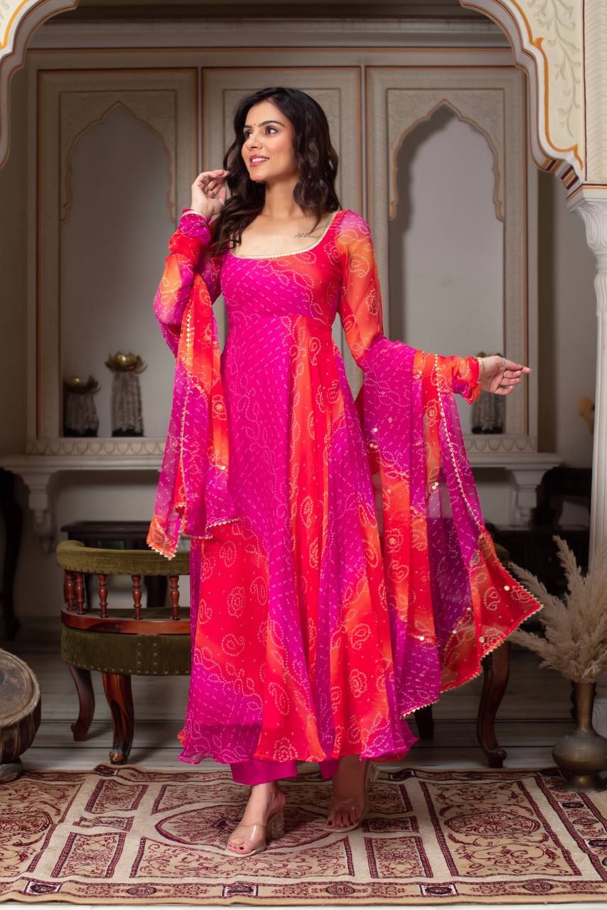 Pink Designer Faux Georgette Digital Print Anarkali Set with Dupatta