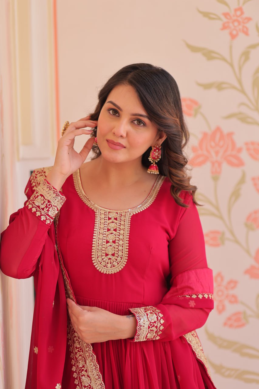 Pink Designer Faux Georgette Gown with Zari & Sequins Embroidery and Embroidered Dupatta – Luxury Ethnic Set