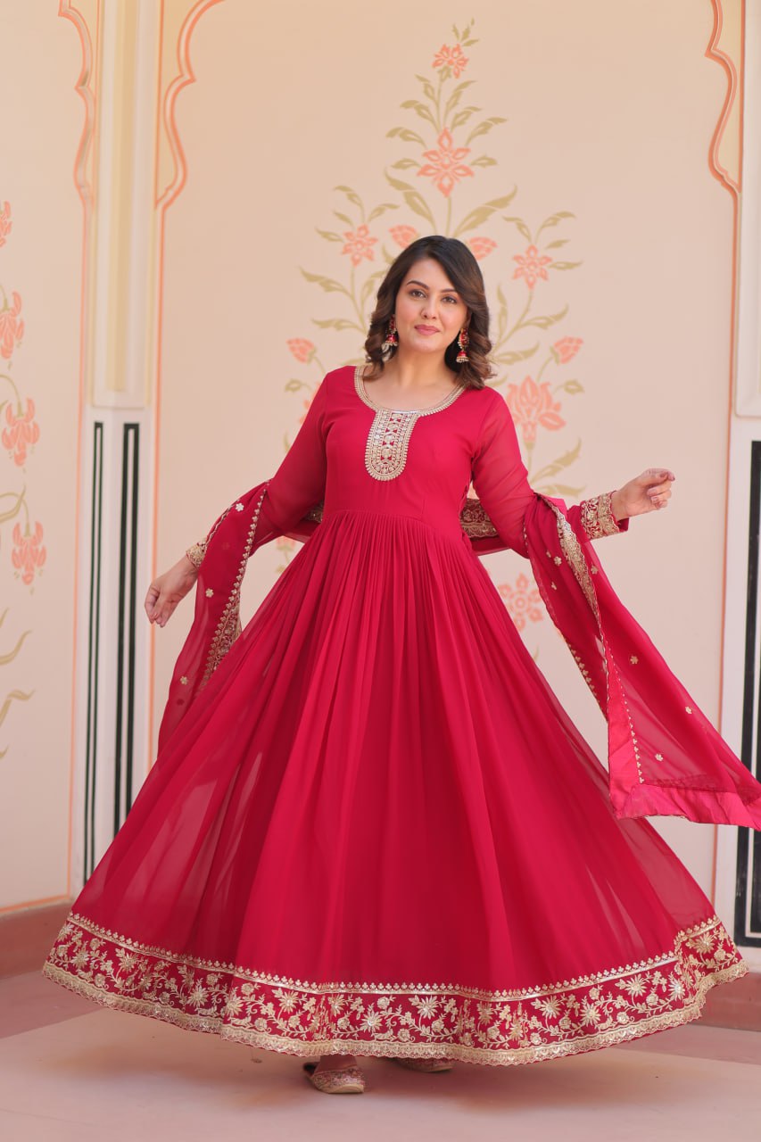 Pink Designer Faux Georgette Gown with Zari & Sequins Embroidery and Embroidered Dupatta – Luxury Ethnic Set