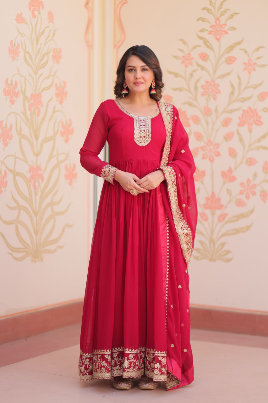 Pink Designer Faux Georgette Gown with Zari & Sequins Embroidery and Embroidered Dupatta – Luxury Ethnic Set