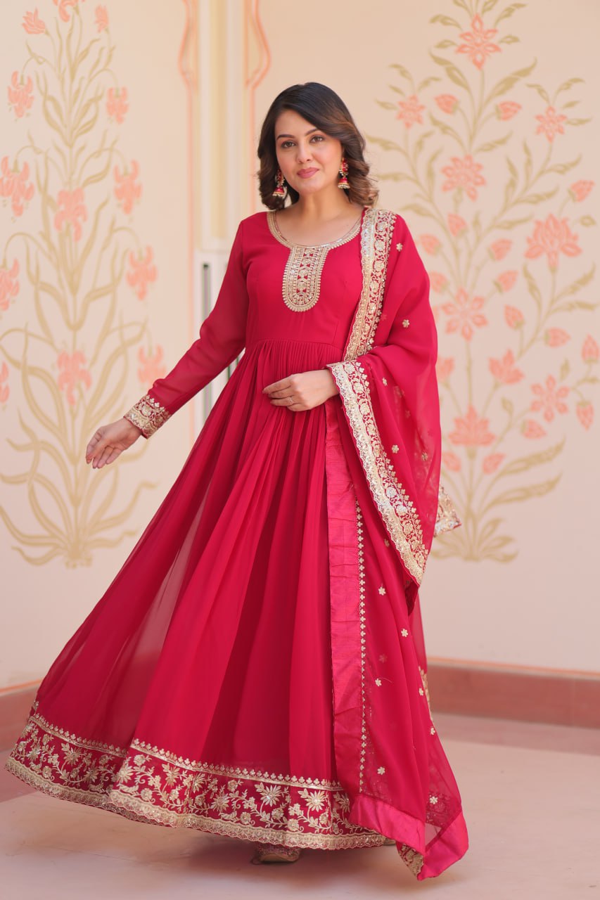 Pink Designer Faux Georgette Gown with Zari & Sequins Embroidery and Embroidered Dupatta – Luxury Ethnic Set