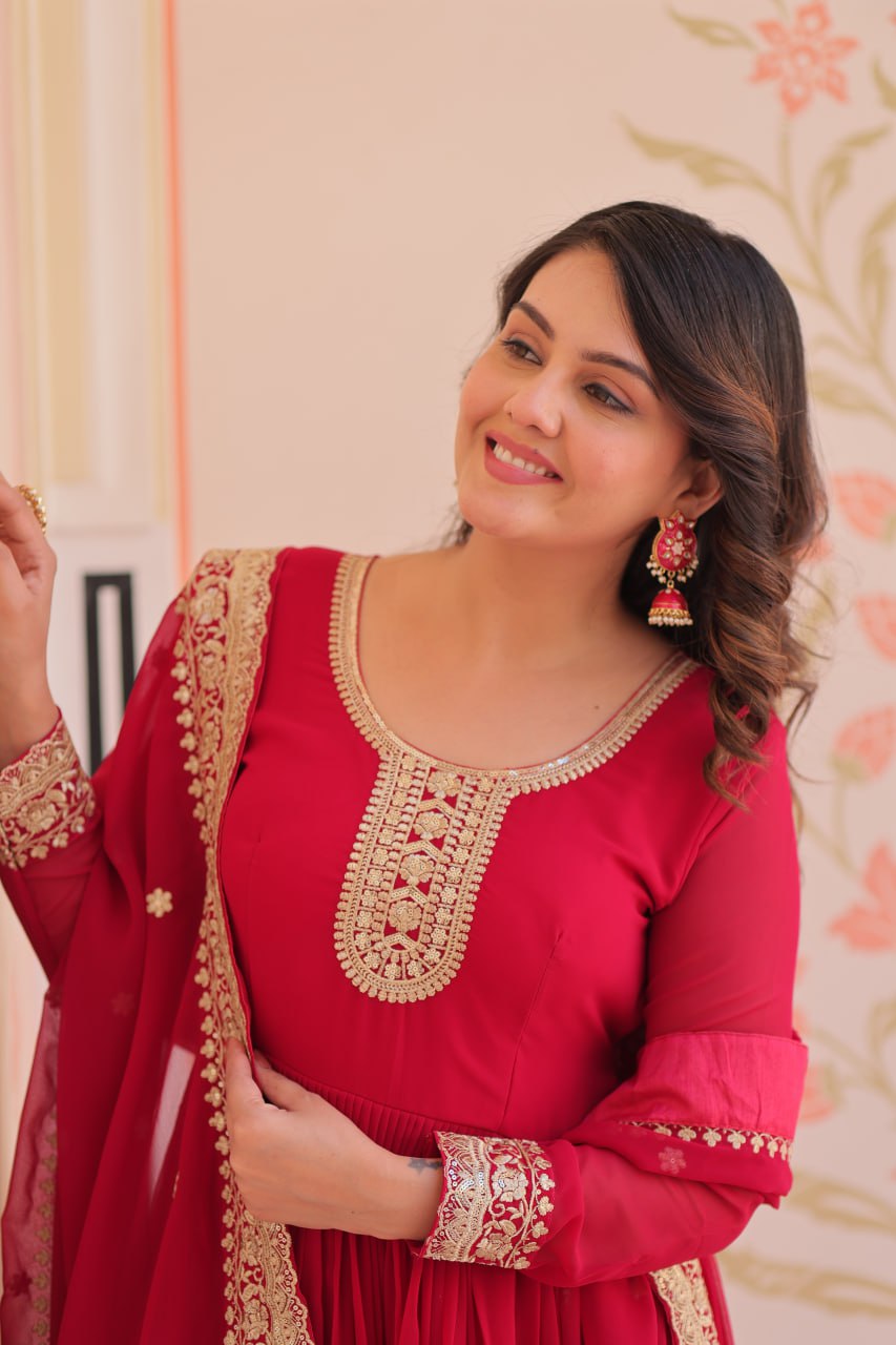 Pink Designer Faux Georgette Gown with Zari & Sequins Embroidery and Embroidered Dupatta – Luxury Ethnic Set