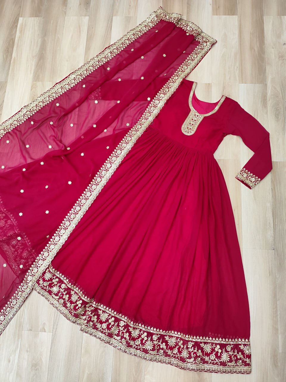 Pink Designer Faux Georgette Gown with Zari & Sequins Embroidery and Embroidered Dupatta – Luxury Ethnic Set