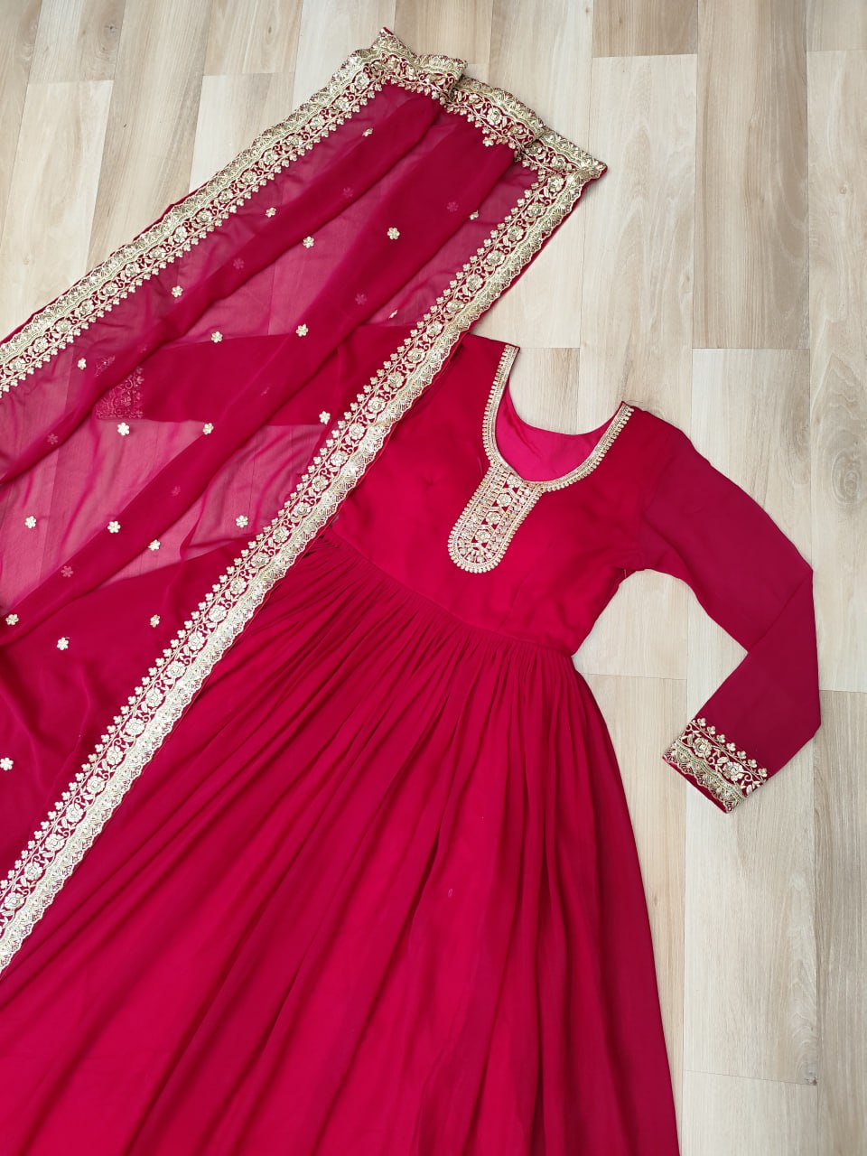 Pink Designer Faux Georgette Gown with Zari & Sequins Embroidery and Embroidered Dupatta – Luxury Ethnic Set