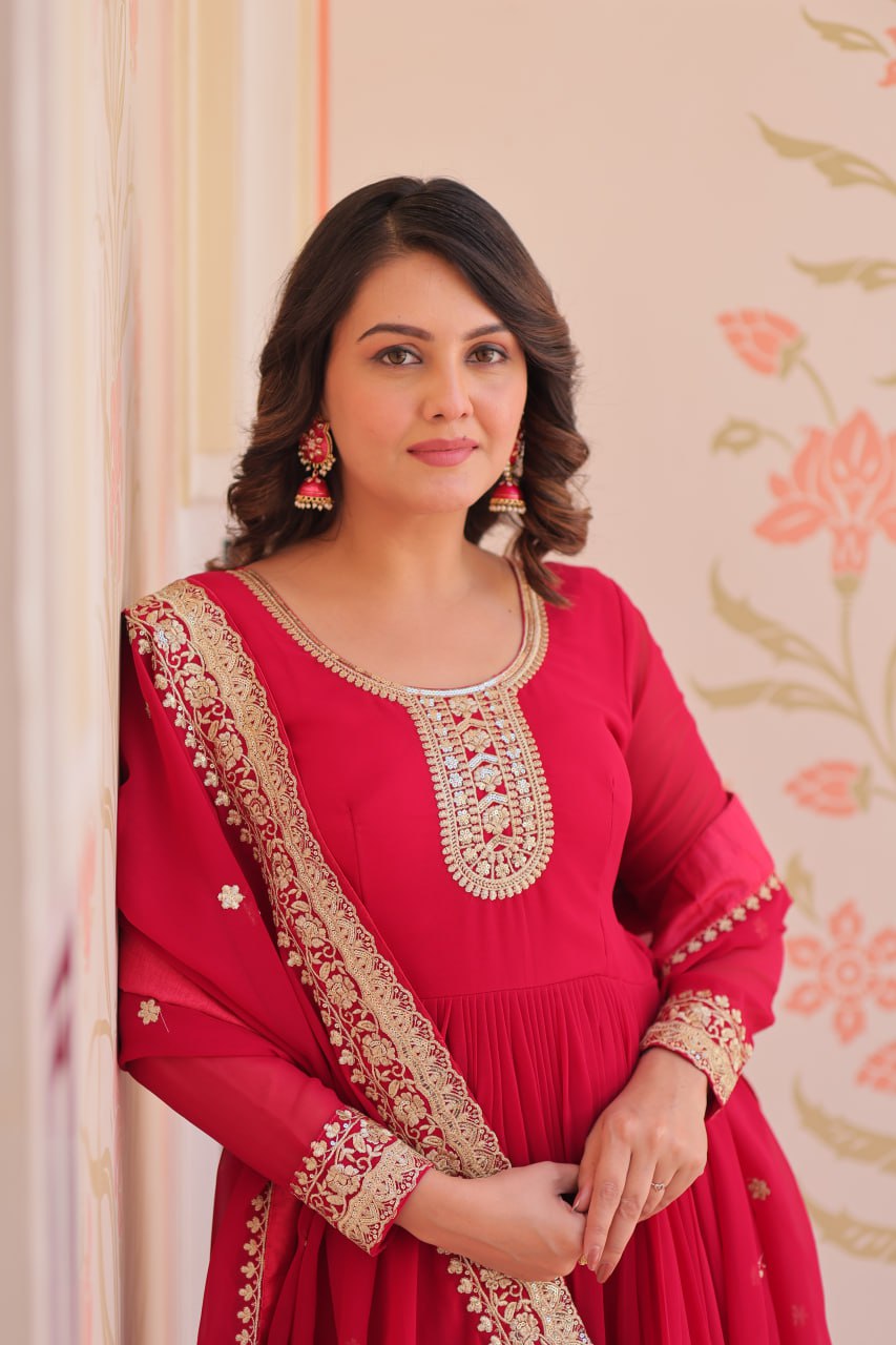 Pink Designer Faux Georgette Gown with Zari & Sequins Embroidery and Embroidered Dupatta – Luxury Ethnic Set