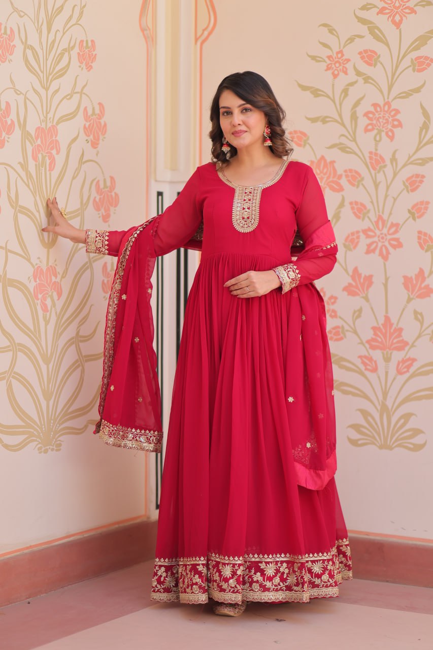 Pink Designer Faux Georgette Gown with Zari & Sequins Embroidery and Embroidered Dupatta – Luxury Ethnic Set