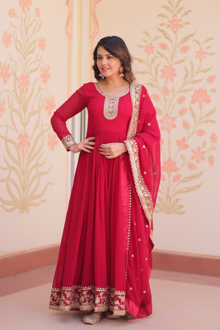 Pink Designer Faux Georgette Gown with Zari & Sequins Embroidery and Embroidered Dupatta – Luxury Ethnic Set