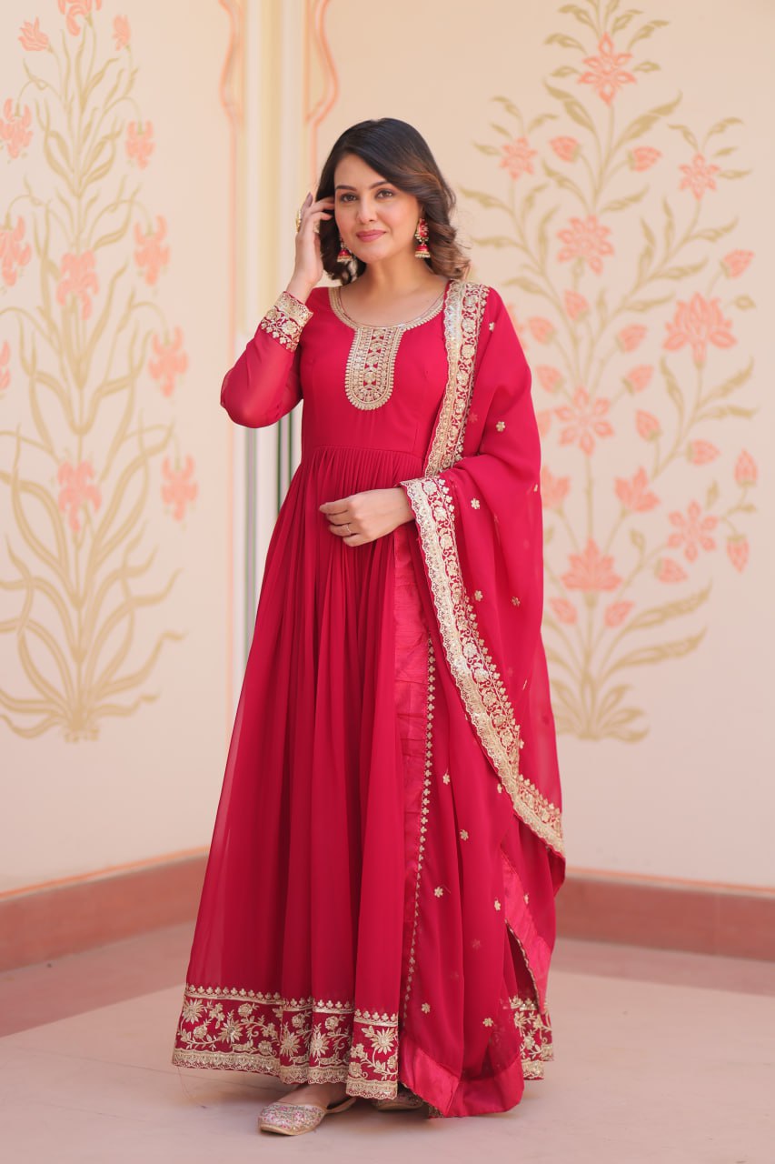 Pink Designer Faux Georgette Gown with Zari & Sequins Embroidery and Embroidered Dupatta – Luxury Ethnic Set