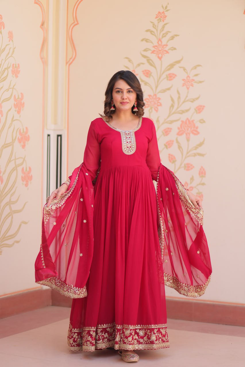 Pink Designer Faux Georgette Gown with Zari & Sequins Embroidery and Embroidered Dupatta – Luxury Ethnic Set