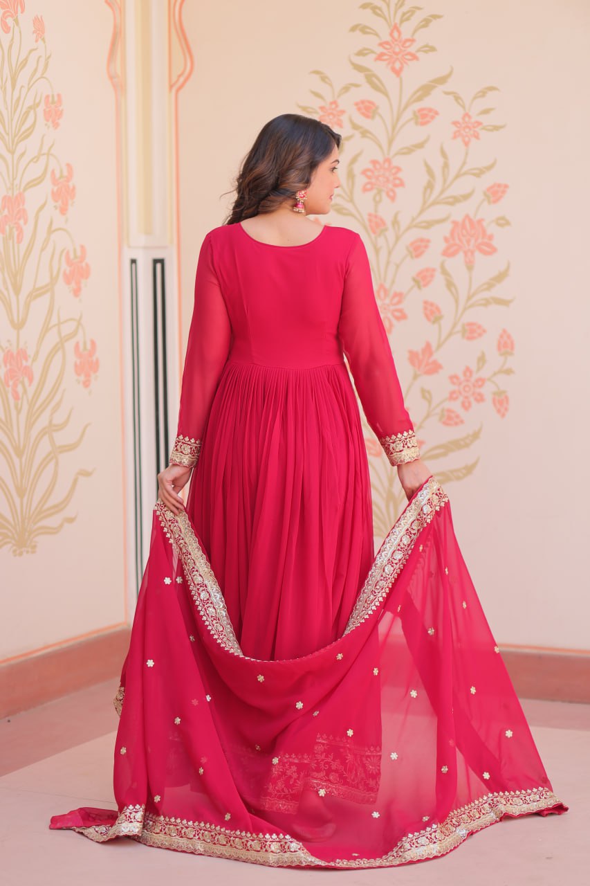Pink Designer Faux Georgette Gown with Zari & Sequins Embroidery and Embroidered Dupatta – Luxury Ethnic Set