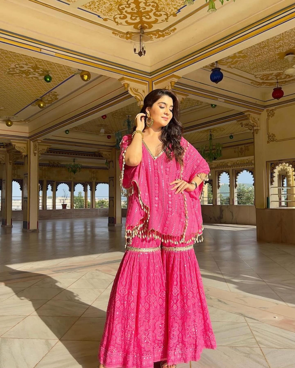 Pink Designer Georgette Kaftan Sharara Set with Heavy Thread & Mirror Embroidery