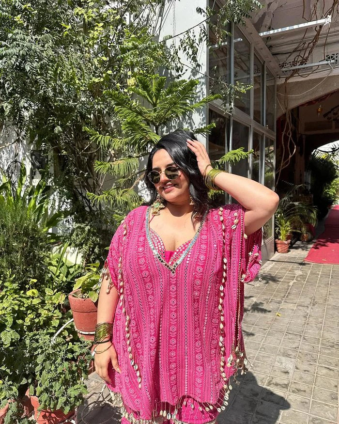 Pink Designer Georgette Kaftan Sharara Set with Heavy Thread & Mirror Embroidery