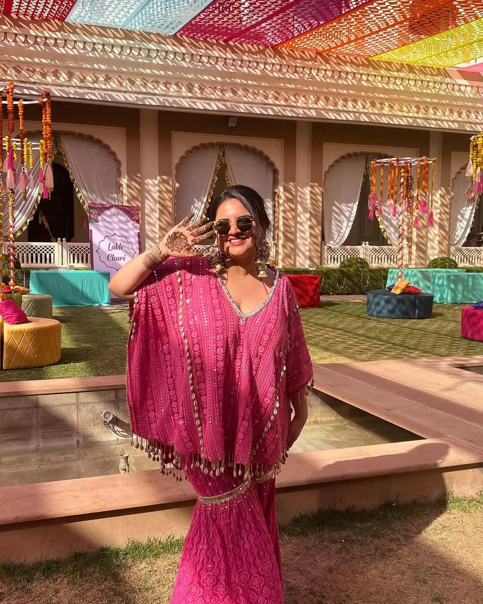 Pink Designer Georgette Kaftan Sharara Set with Heavy Thread & Mirror Embroidery