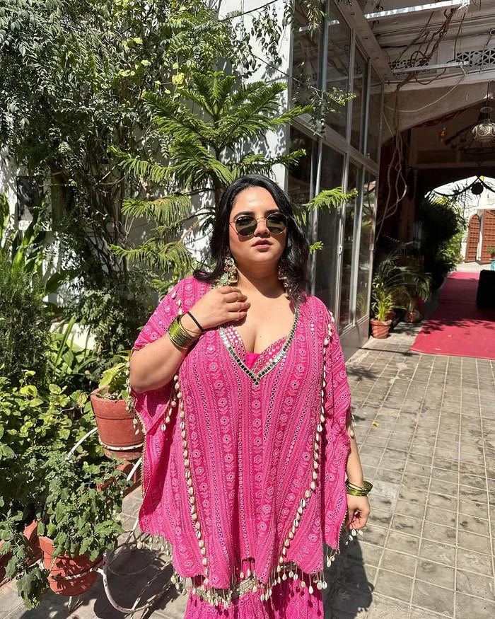 Pink Designer Georgette Kaftan Sharara Set with Heavy Thread & Mirror Embroidery
