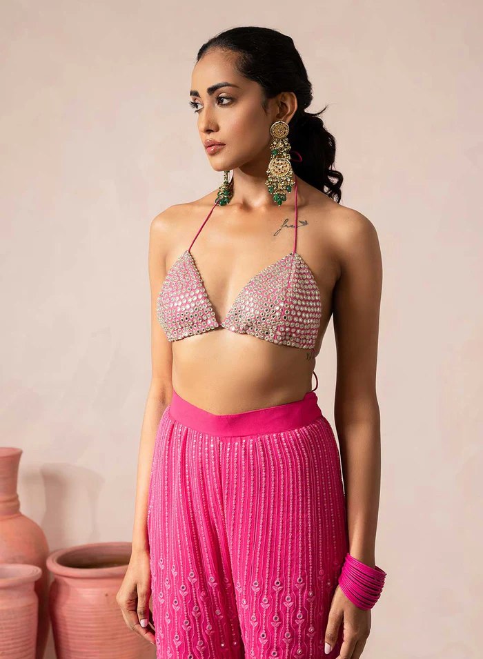 Pink Designer Georgette Kaftan Sharara Set with Heavy Thread & Mirror Embroidery