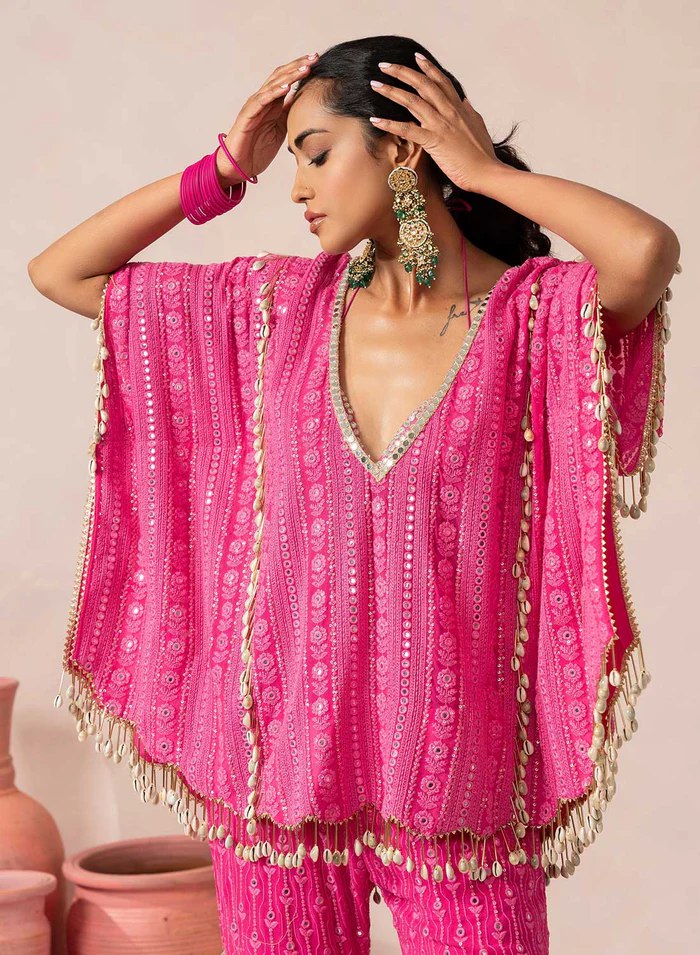 Pink Designer Georgette Kaftan Sharara Set with Heavy Thread & Mirror Embroidery