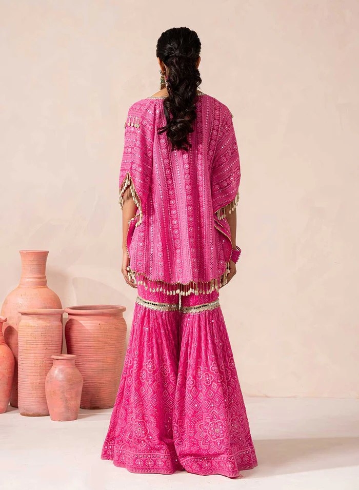 Pink Designer Georgette Kaftan Sharara Set with Heavy Thread & Mirror Embroidery