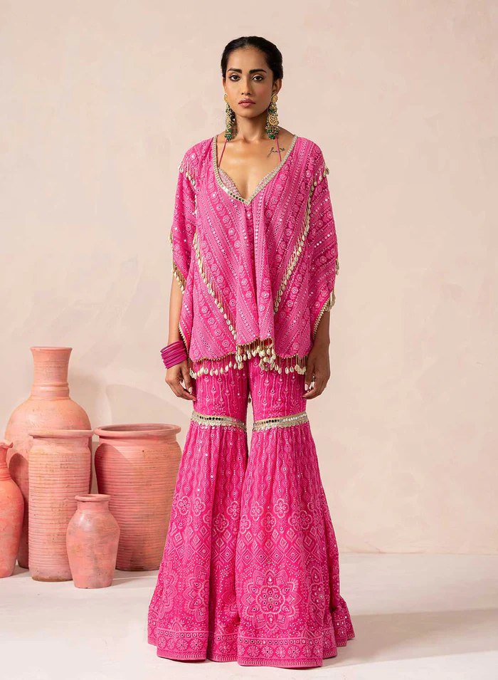 Pink Designer Georgette Kaftan Sharara Set with Heavy Thread & Mirror Embroidery