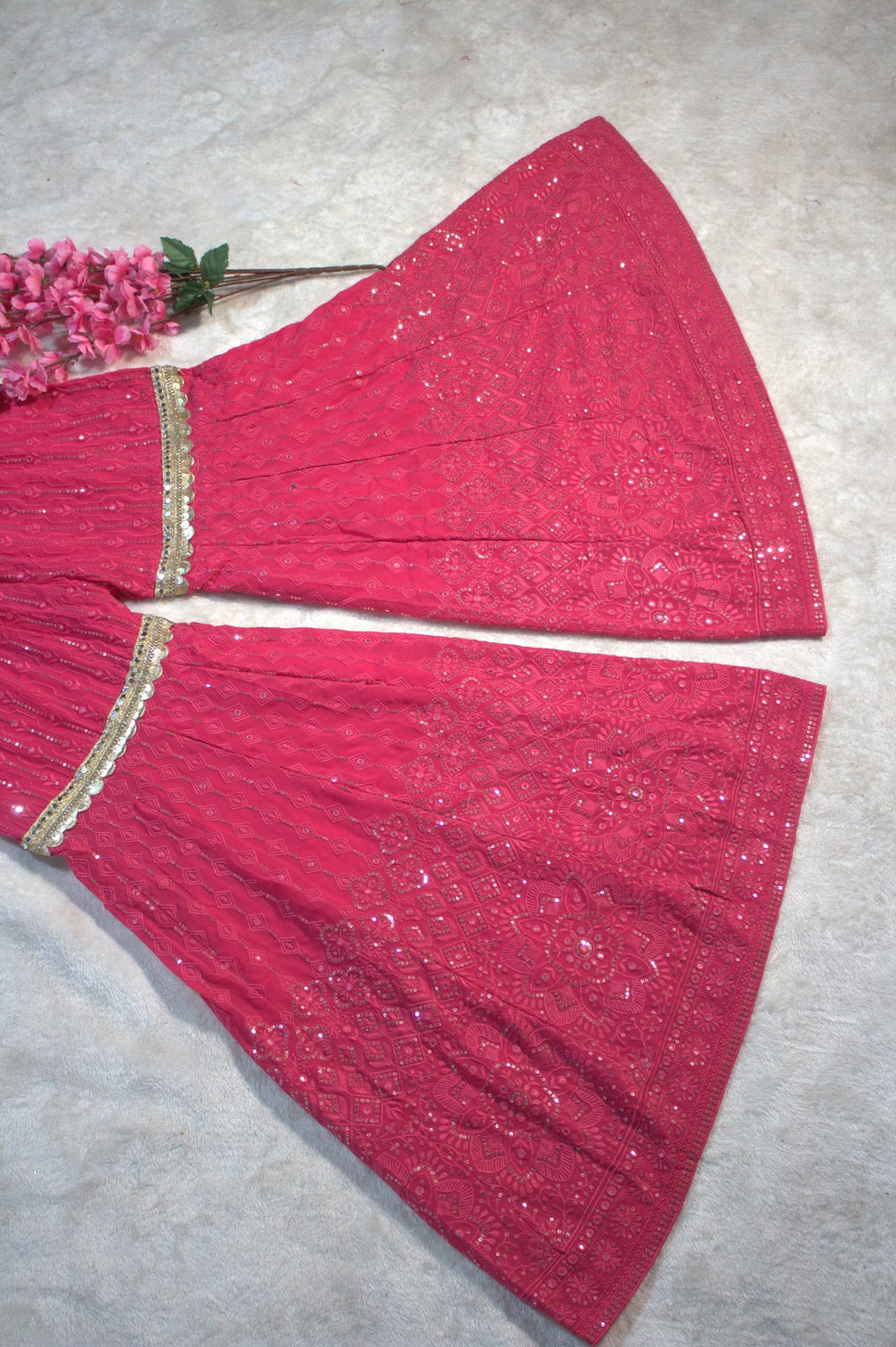 Pink Designer Georgette Kaftan Sharara Set with Heavy Thread & Mirror Embroidery